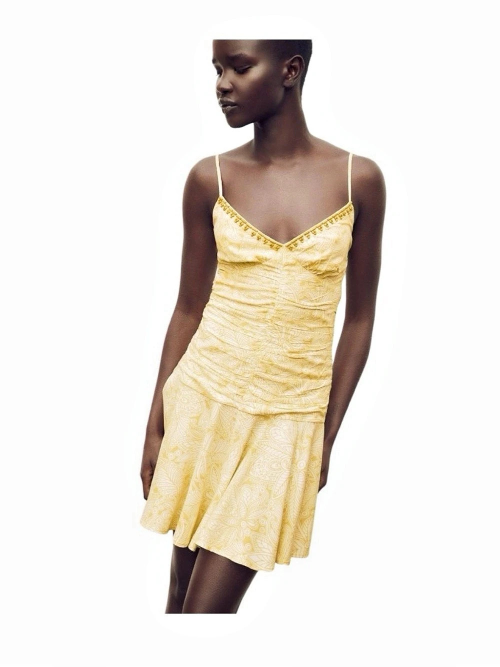 Zara Yellow Ruched Bead Mini Dress Size Small